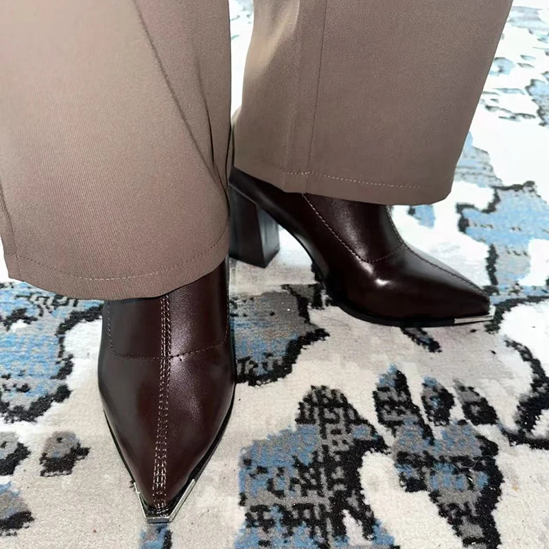 Black PU Ankle Boots – French Retro Pointed Toe High Heel Chelsea Boots with Metal Detail