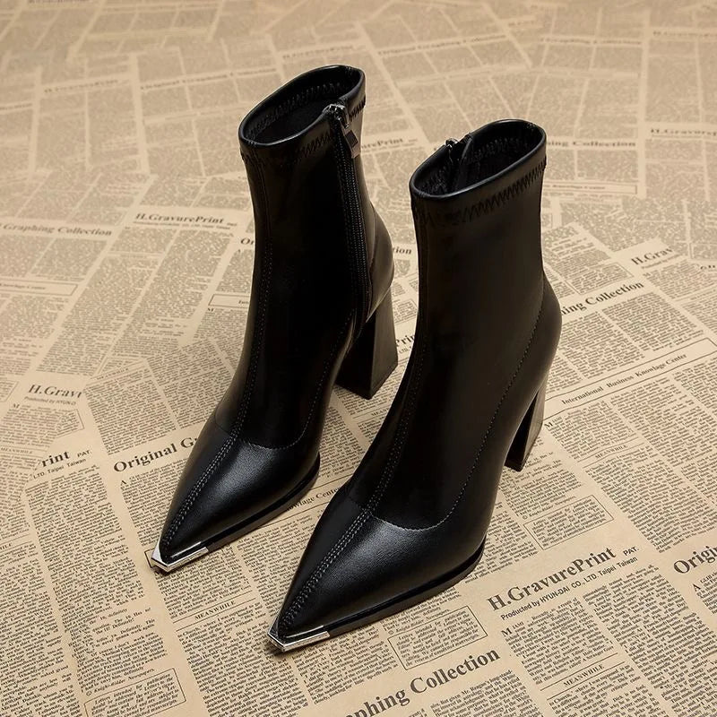 Black PU Ankle Boots – French Retro Pointed Toe High Heel Chelsea Boots with Metal Detail
