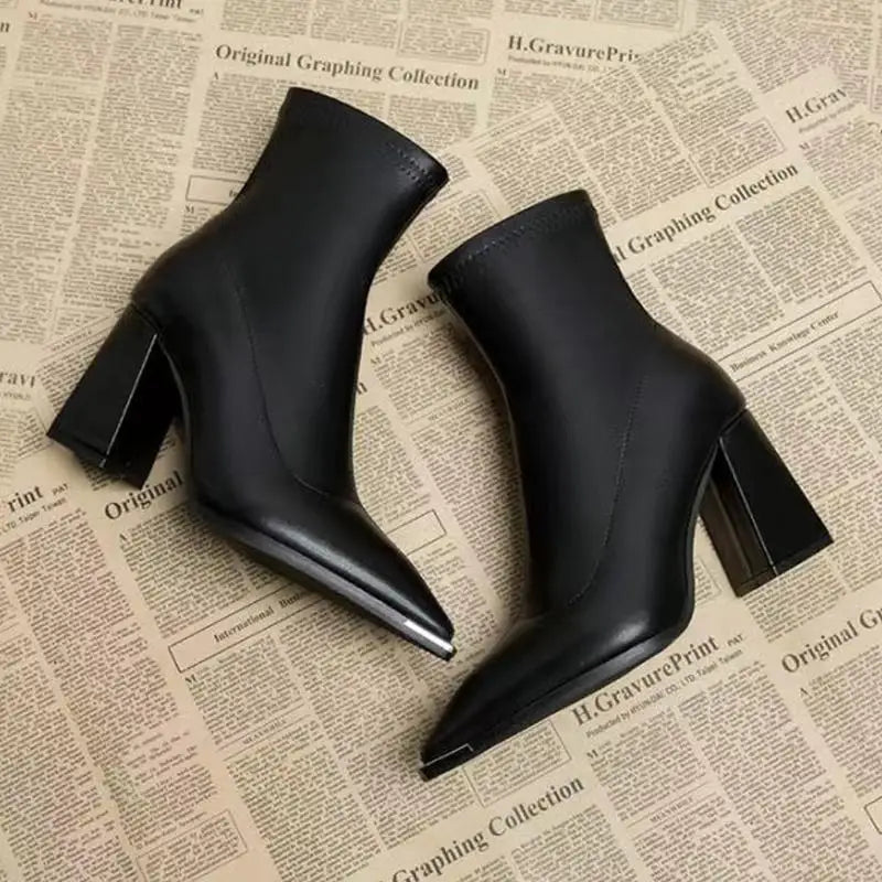 Black PU Ankle Boots – French Retro Pointed Toe High Heel Chelsea Boots with Metal Detail