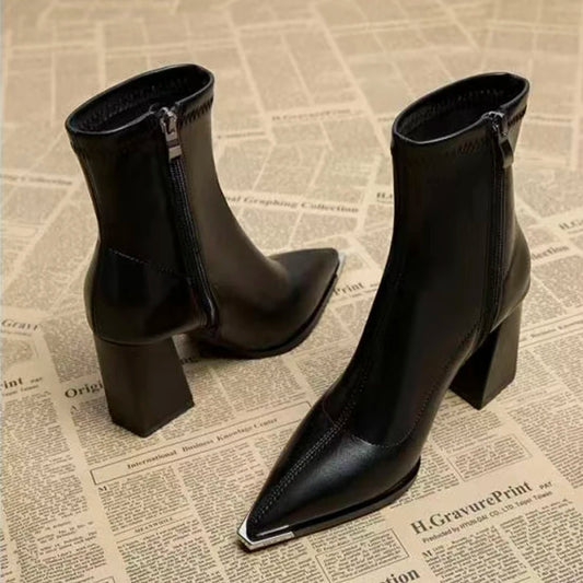 Black PU Ankle Boots – French Retro Pointed Toe High Heel Chelsea Boots with Metal Detail