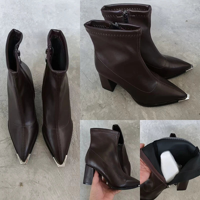 Black PU Ankle Boots – French Retro Pointed Toe High Heel Chelsea Boots with Metal Detail