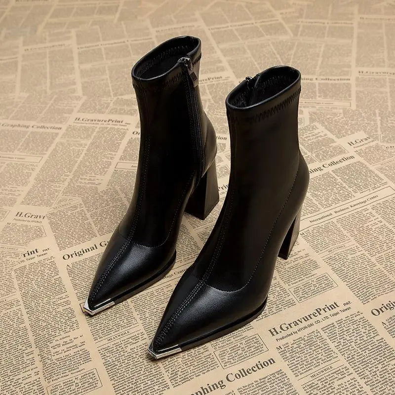 Black PU Ankle Boots – French Retro Pointed Toe High Heel Chelsea Boots with Metal Detail